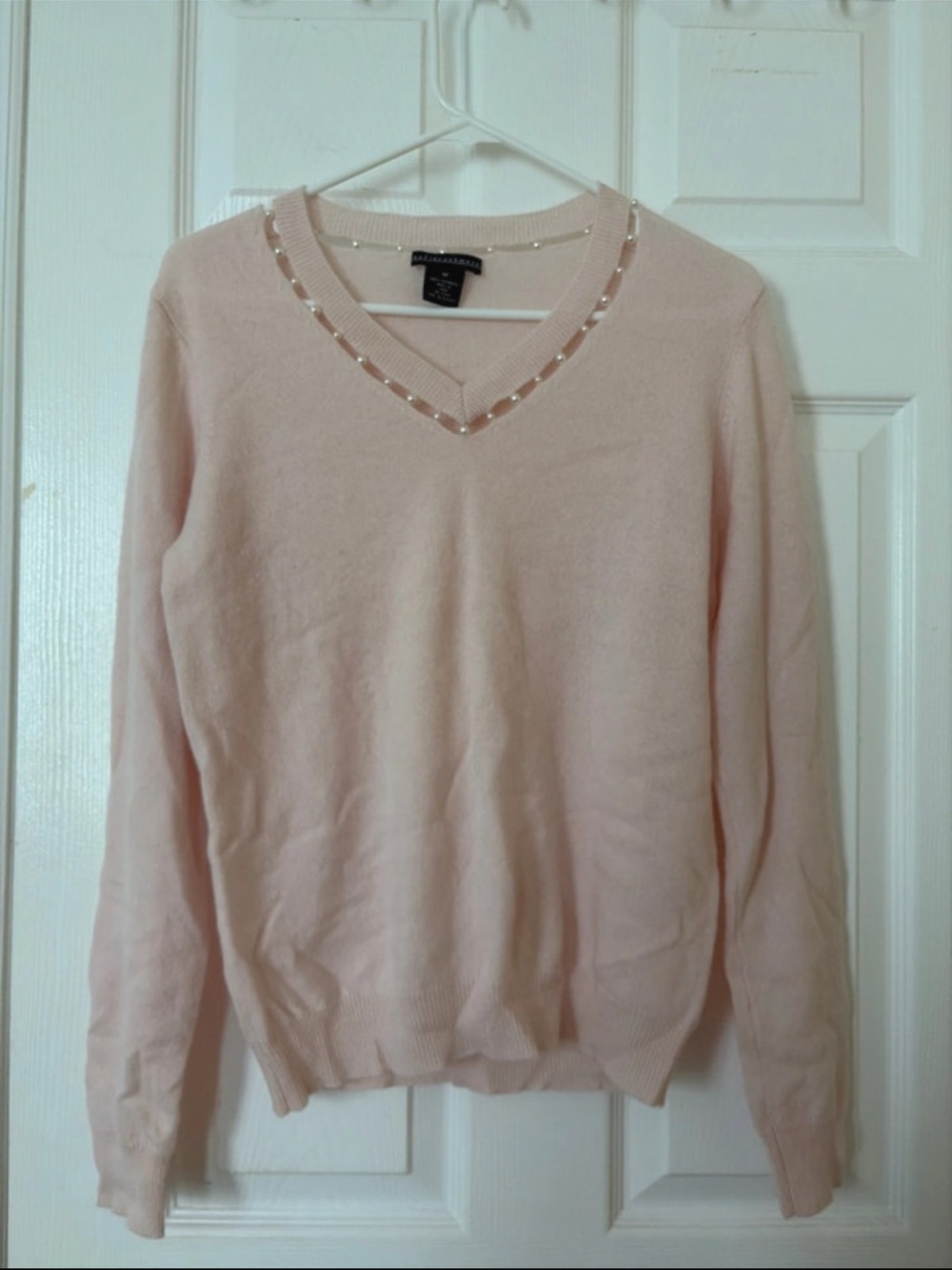 Cashmere Pink V-Neck Sweater with Pearl Trim